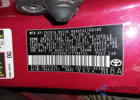 2015 Toyota Corolla Le Plus из США, поврежденный, VIN 5YFBURHE1FP188754